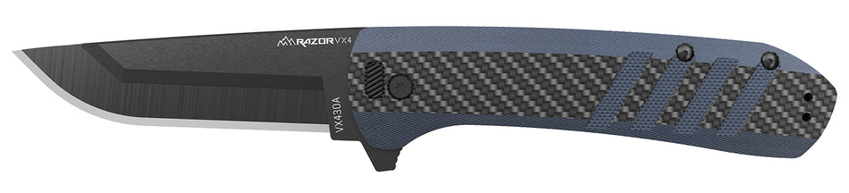 Outdoor Edge VX430CC Razor VX4 Folding 3" Plain Blade Knife, Carbon Fiber & Blue Handle