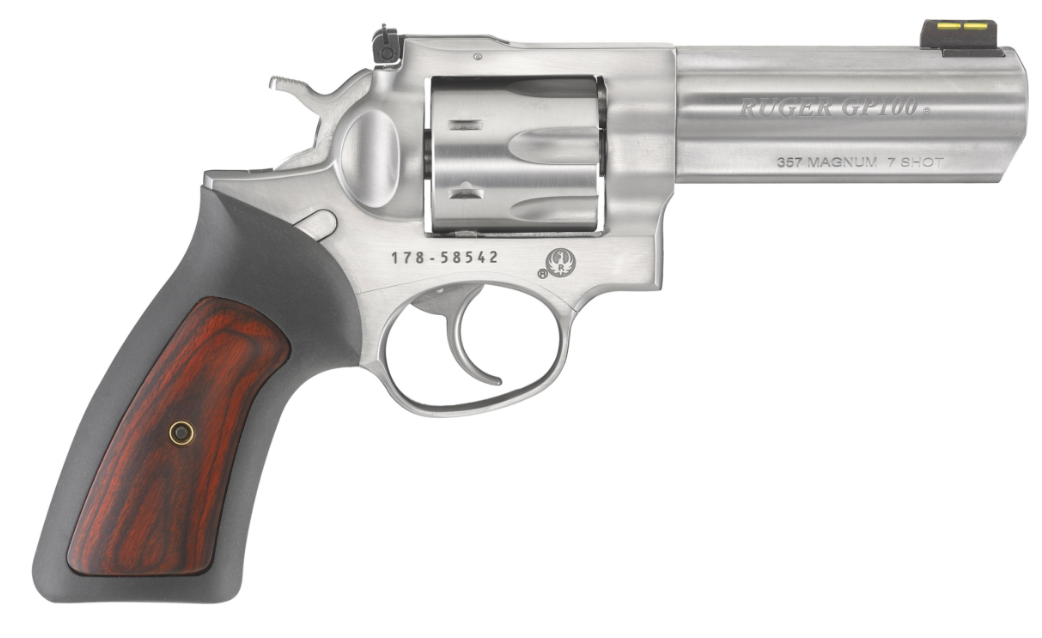 Ruger 1771 GP100 357 Mag 7 Shot, 4.20" Satin Stainless Steel Barrel, Satin Stainless Cylinder, Satin Stainless Steel Frame, Black Rubber w/Wood Insert Grip, Exposed Hammer