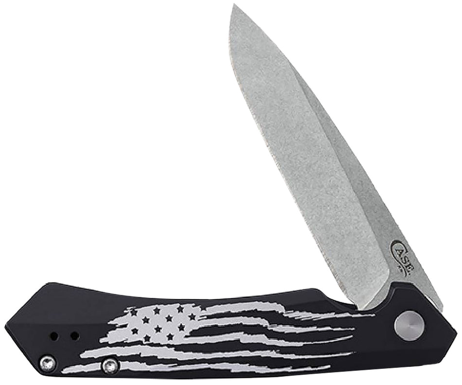 Case 10857 Kinzua Folding Knife, S35VN Stonewashed Spear Point Blade, Black Anodized Aluminum US Flag Handle