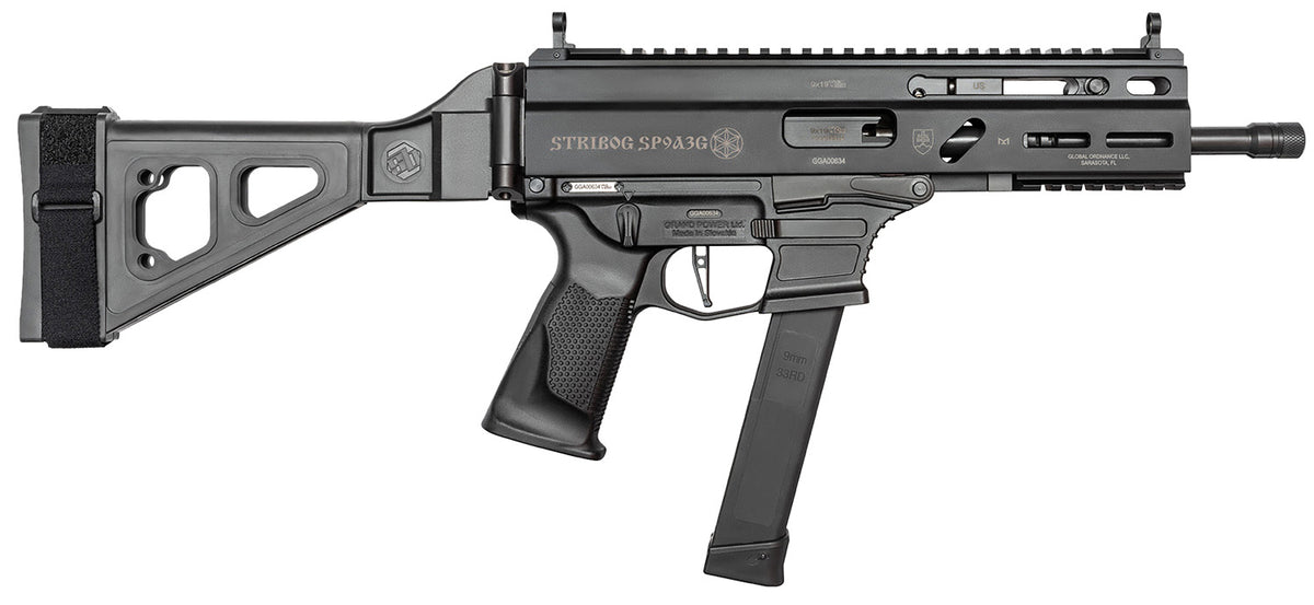 Grand Power Stribog SP9A3G 9mm Luger Pistol, 8" Black, SB Tactical Brace