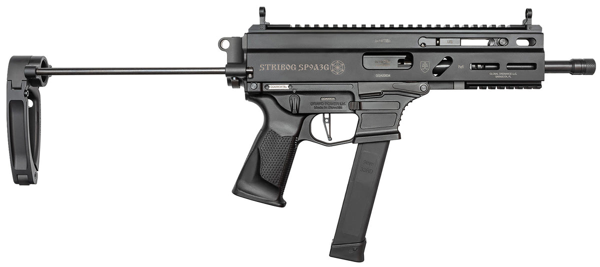 Grand Power Stribog SP9A3G 9mm Luger Pistol, 8" Black, PDW Tailhook Brace
