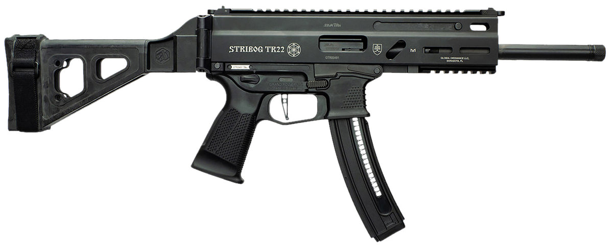 Grand Power Stribog TR22 .22 LR 25+1 10in Threaded Barrel Pistol, Black SB Tactical Brace, Ambidextrous Controls