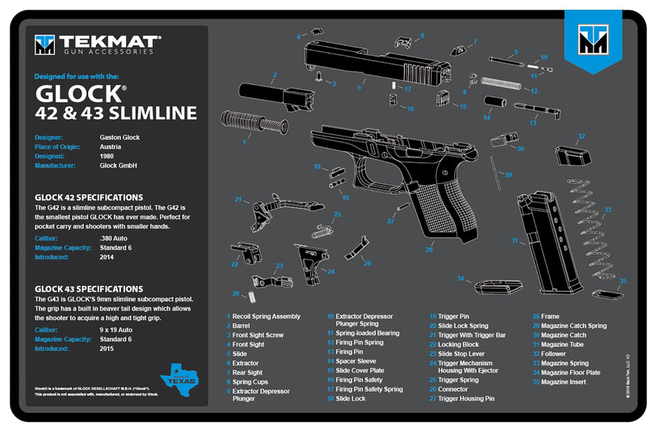 TekMat TEKR17GLOCK4243BL Glock 42 43 Printed Gun Cleaning Mat 11"x17"