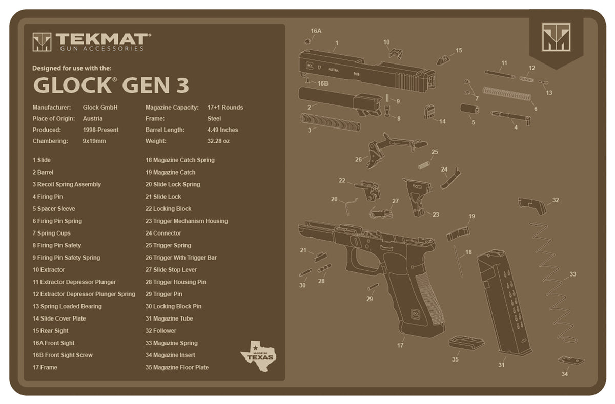 TekMat TEKR17GLOCKG3FDE Glock Gen 3 FDE Printed Gun Cleaning Mat 11"x17"