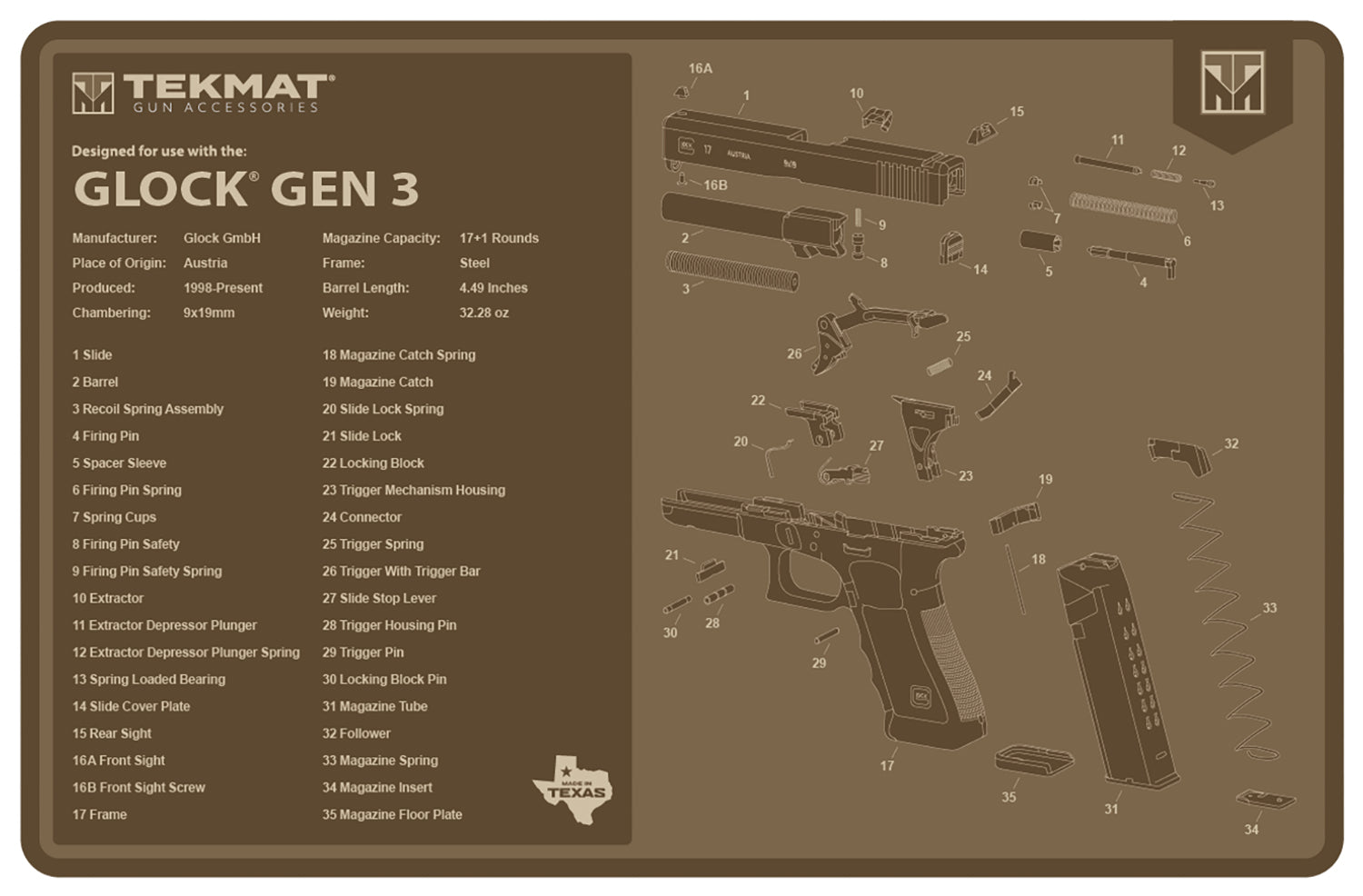 TekMat TEKR17GLOCKG3FDE Glock Gen 3 FDE Printed Gun Cleaning Mat 11"x17"