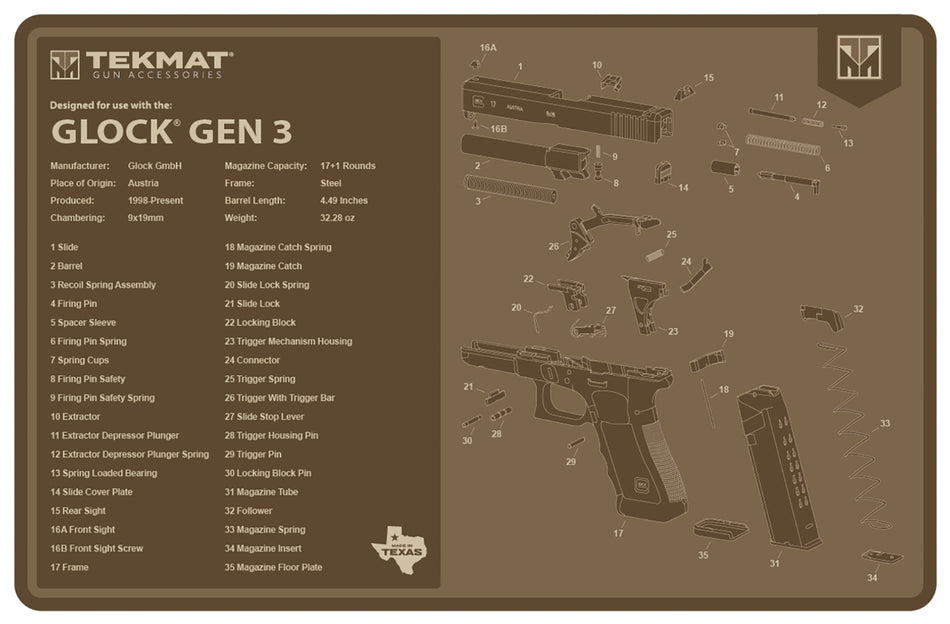 TekMat TEKR17GLOCKG3FDE Glock Gen 3 FDE Printed Gun Cleaning Mat 11"x17"