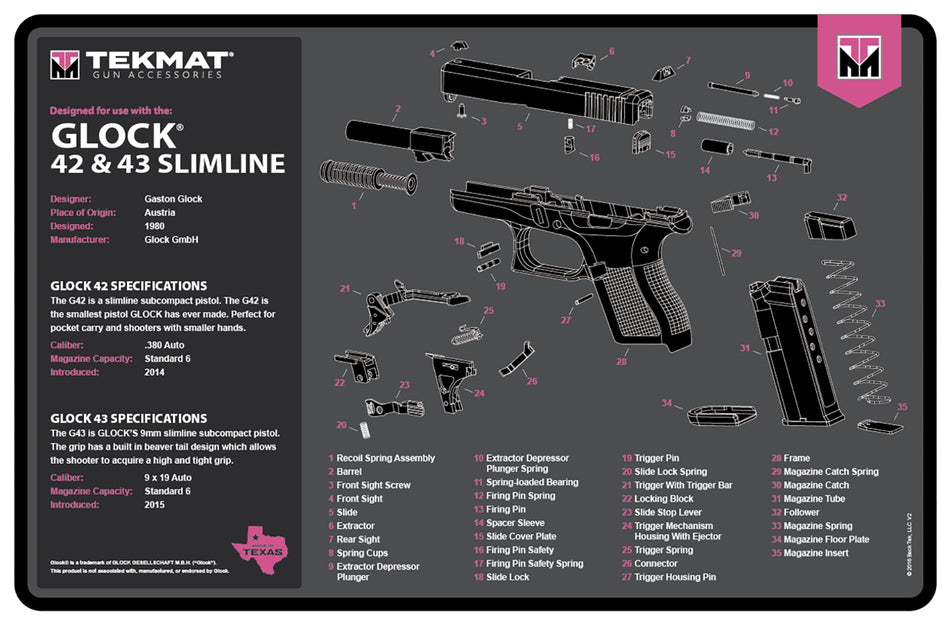 TekMat TEKR17GLOCKG3PNK Glock Gen 3 Pink Printed Gun Cleaning Mat 11"x17"