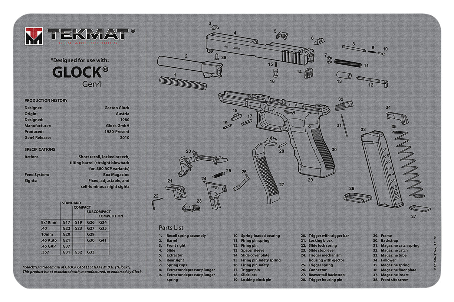 TekMat TEKR17GLOCKG4GY Glock Gen 4 Gray Printed Gun Cleaning Mat 11"x17"
