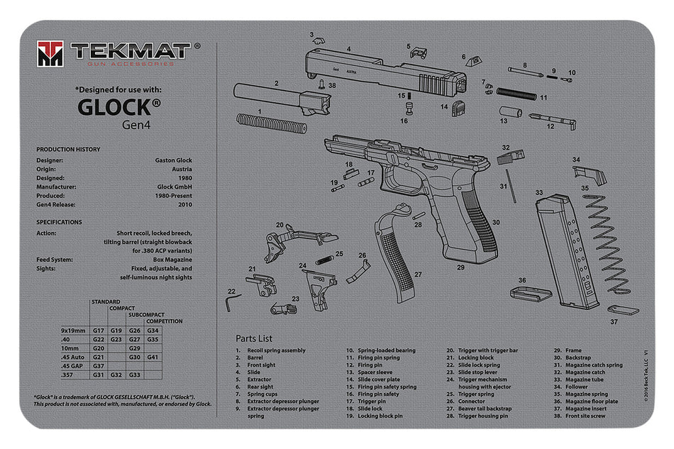 TekMat TEKR17GLOCKG4GY Glock Gen 4 Gray Printed Gun Cleaning Mat 11"x17"