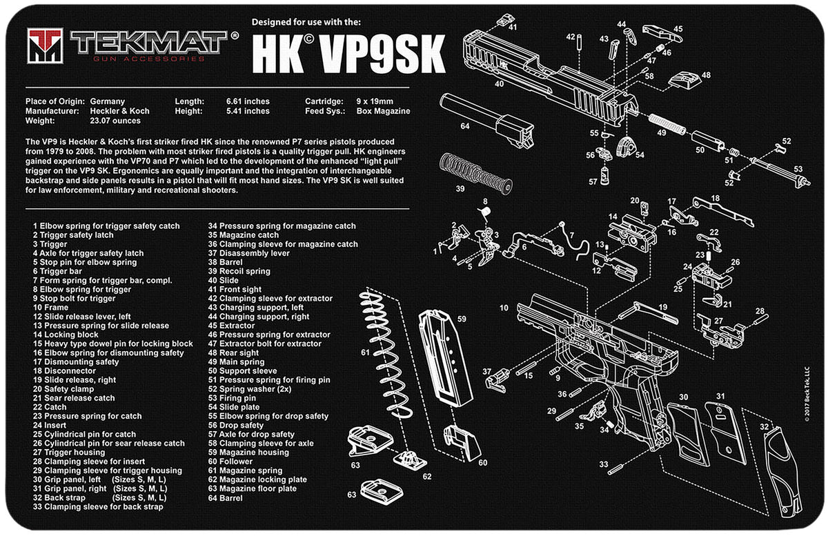 TekMat TEKR17HKVP9SK HK VP9SK Printed Gun Cleaning Mat 11"x17"