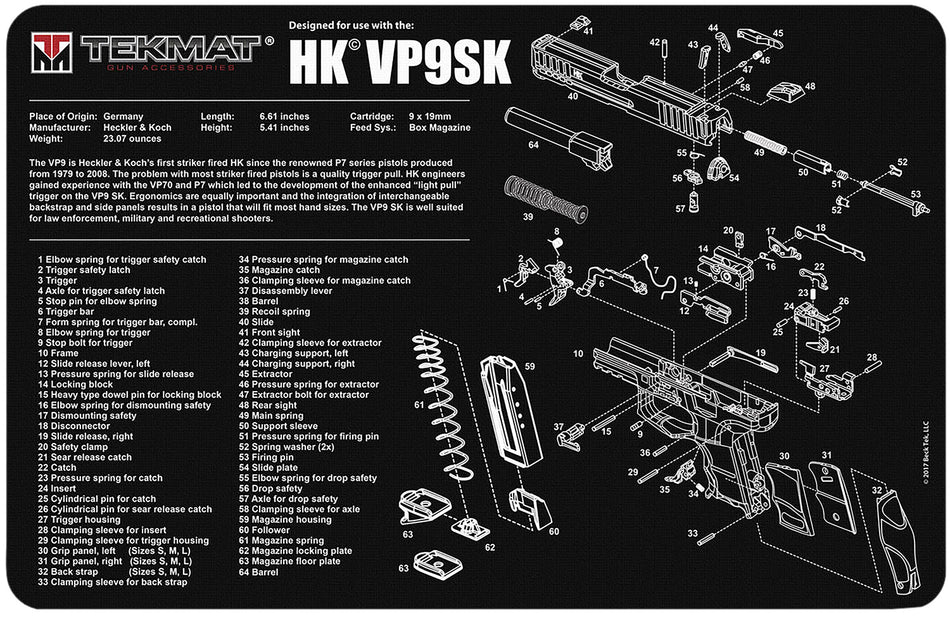 TekMat TEKR17HKVP9SK HK VP9SK Printed Gun Cleaning Mat 11"x17"
