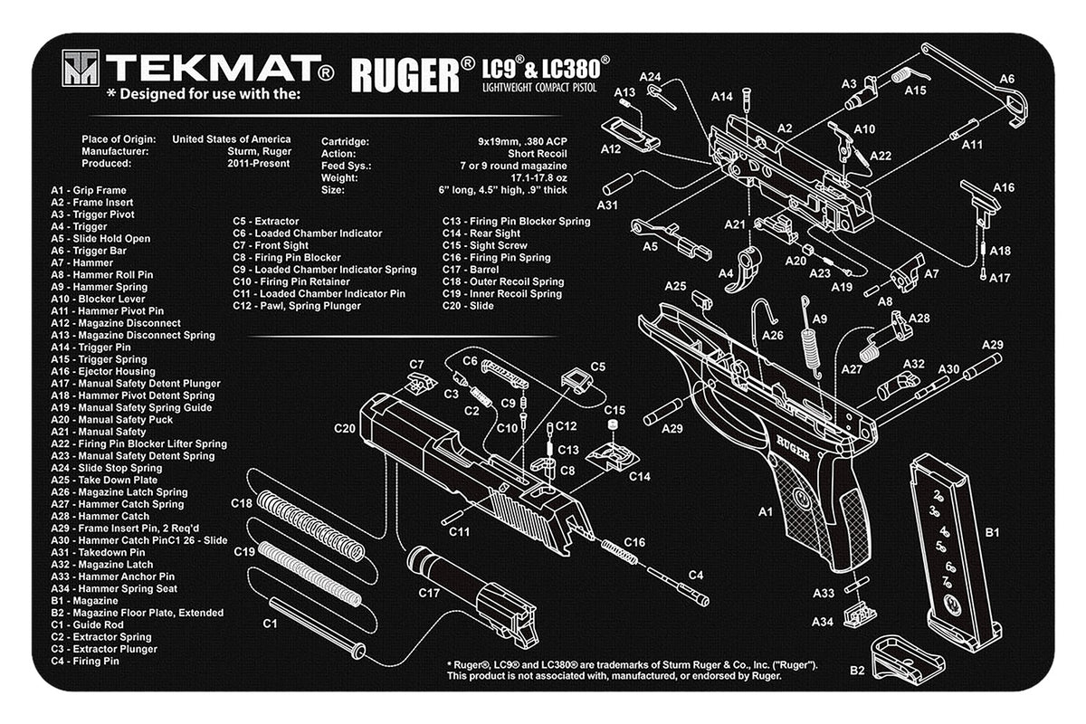 TekMat Ruger LC9 Cleaning Mat 11"x17" Rubber with Parts Diagram Black/White
