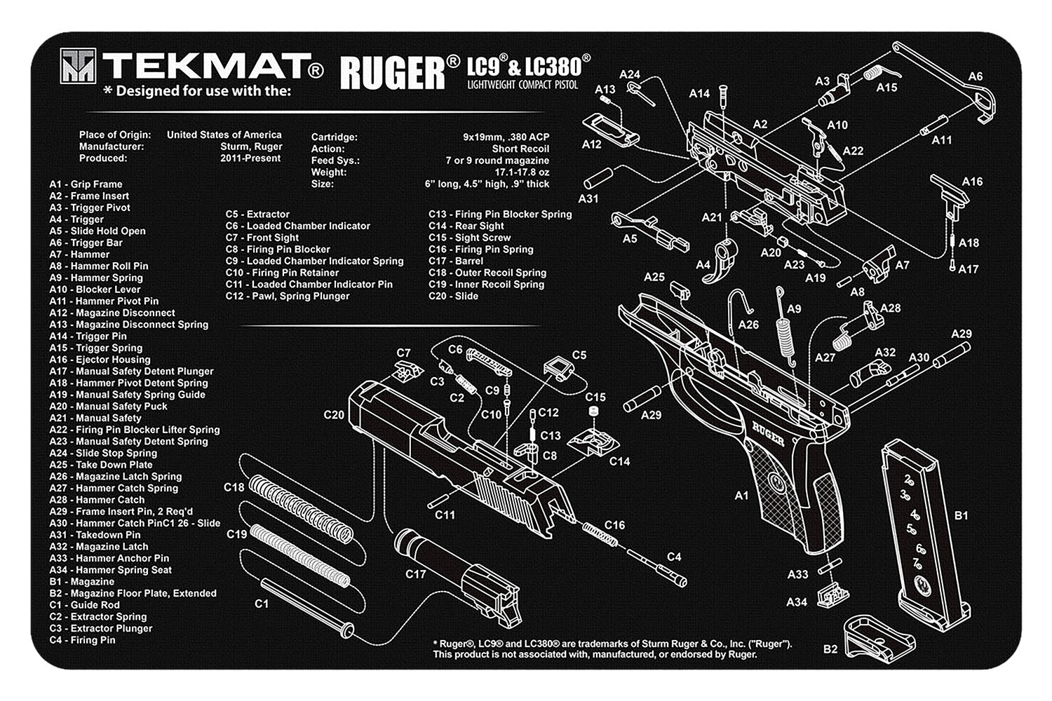 TekMat Ruger LC9 Cleaning Mat 11"x17" Rubber with Parts Diagram Black/White
