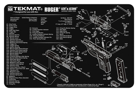 TekMat Ruger LC9 Cleaning Mat 11"x17" Rubber with Parts Diagram Black/White