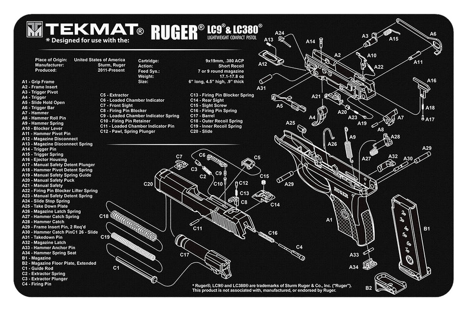 TekMat Ruger LC9 Cleaning Mat 11"x17" Rubber with Parts Diagram Black/White