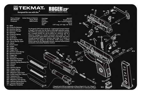 TekMat Ruger LCP Cleaning Mat 11"x17" Rubber with Parts Diagram Black/White