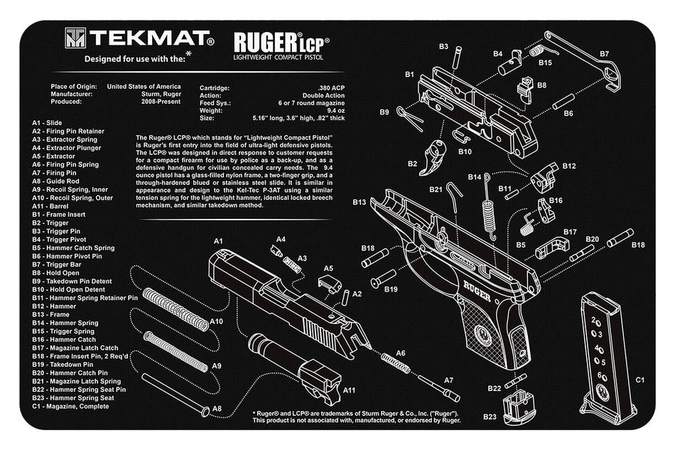 TekMat Ruger LCP Cleaning Mat 11"x17" Rubber with Parts Diagram Black/White