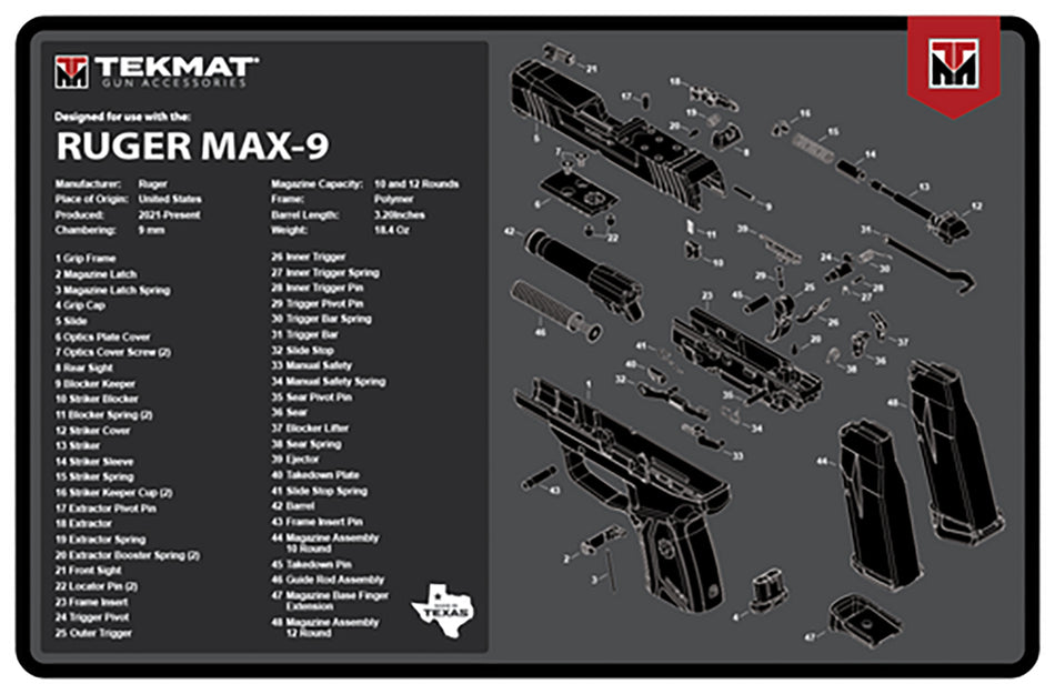 TekMat Ruger Max 9 Cleaning Mat 11"x17" Rubber with Parts Diagram Black/White