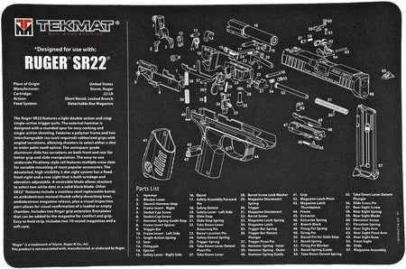 TekMat Ruger SR22 Cleaning Mat 11"x17" Rubber with Parts Diagram Black/White