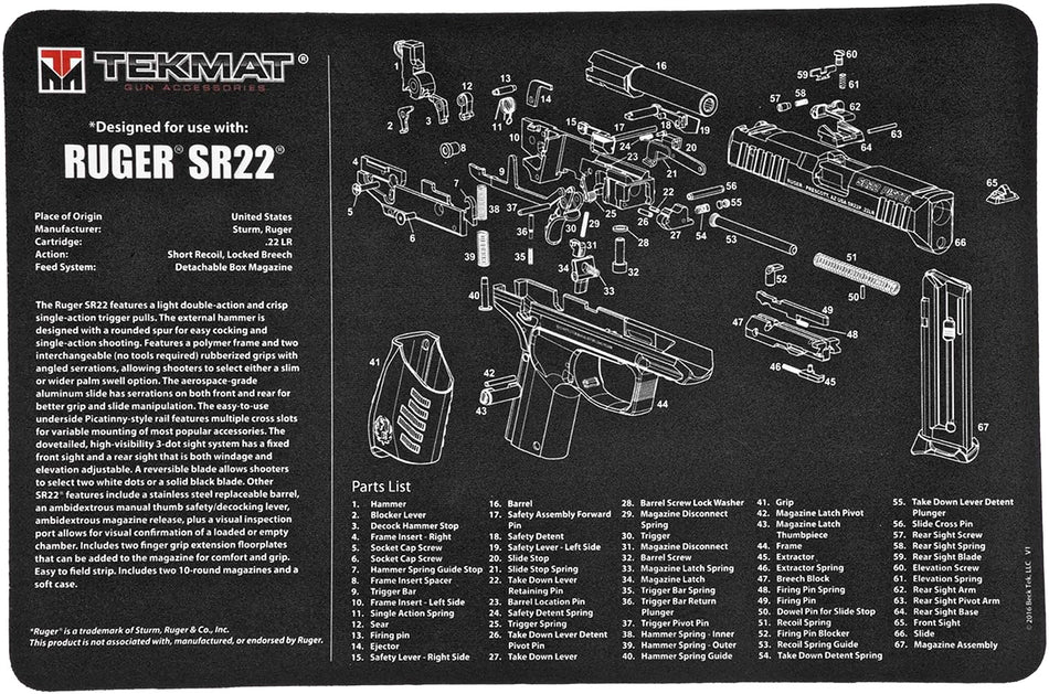 TekMat Ruger SR22 Cleaning Mat 11"x17" Rubber with Parts Diagram Black/White
