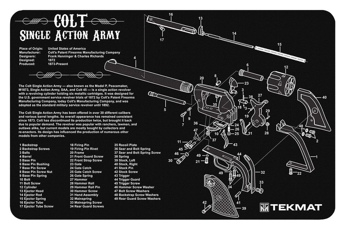 TekMat Colt SAA Revolver Cleaning Mat 11"x17" Rubber with Parts Diagram Black/White