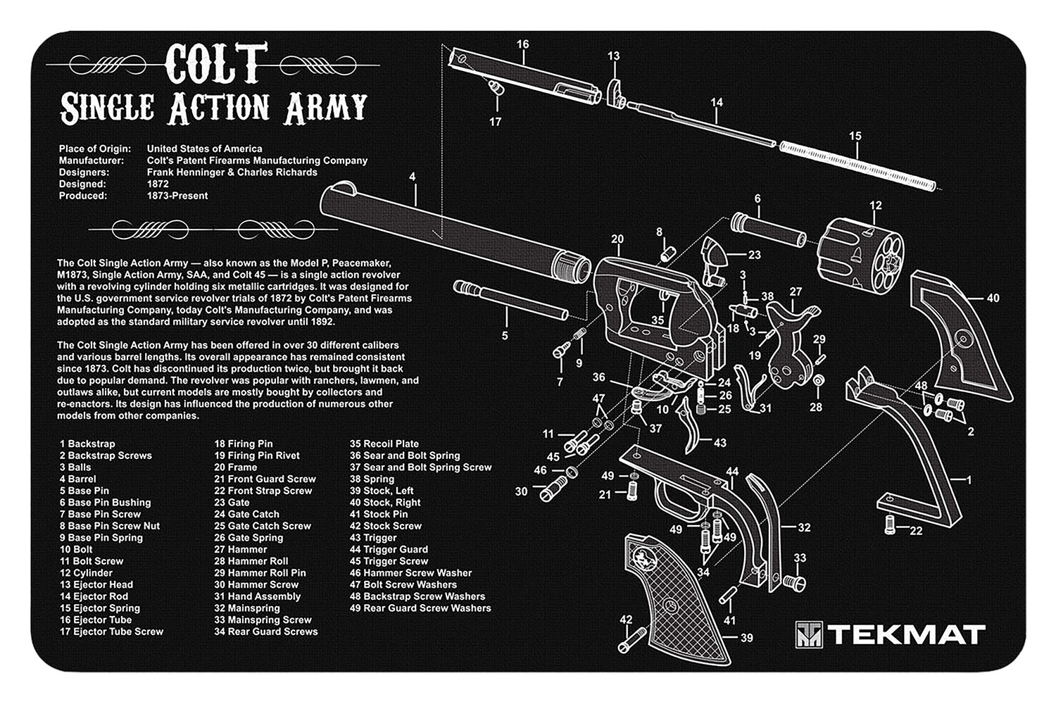 TekMat Colt SAA Revolver Cleaning Mat 11"x17" Rubber with Parts Diagram Black/White