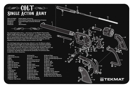 TekMat Colt SAA Revolver Cleaning Mat 11"x17" Rubber with Parts Diagram Black/White
