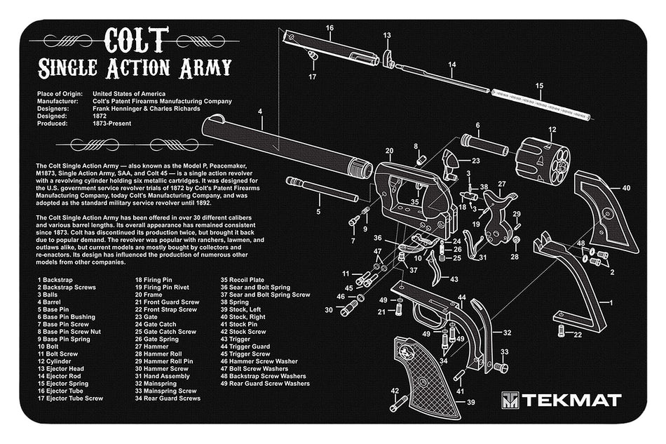 TekMat Colt SAA Revolver Cleaning Mat 11"x17" Rubber with Parts Diagram Black/White