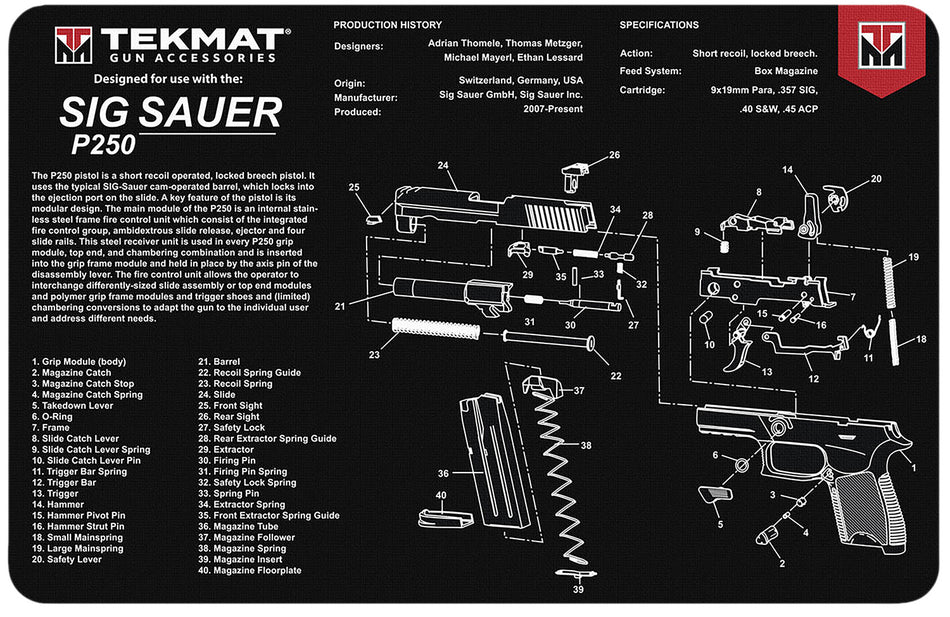 TekMat Sig Sauer P250 Cleaning Mat 11"x17" Rubber with Parts Diagram Black/White