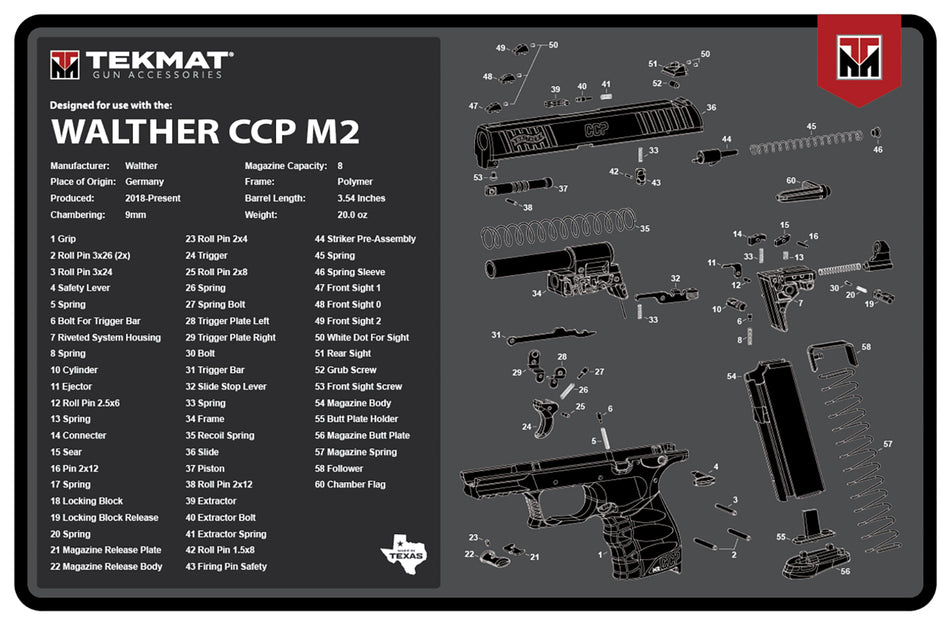 TekMat Walther CCP M2 Cleaning Mat 11"x17" Rubber with Parts Diagram Black/White