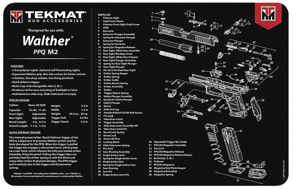 TekMat Walther PPQ MOD 2 Cleaning Mat 11"x17" Rubber with Parts Diagram Black/White