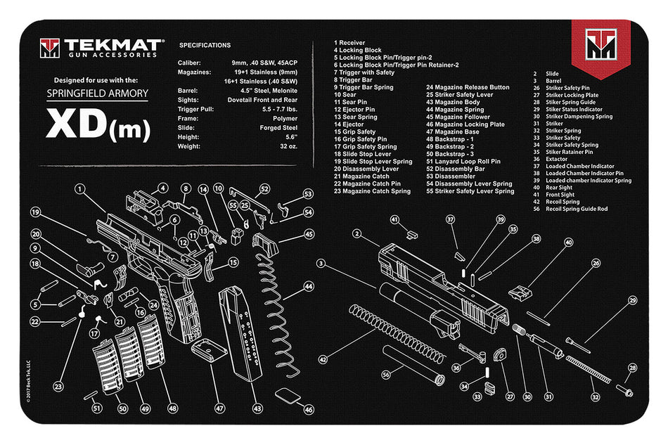 TekMat Springfield XDm Cleaning Mat 11"x17" Rubber with Parts Diagram Black/White