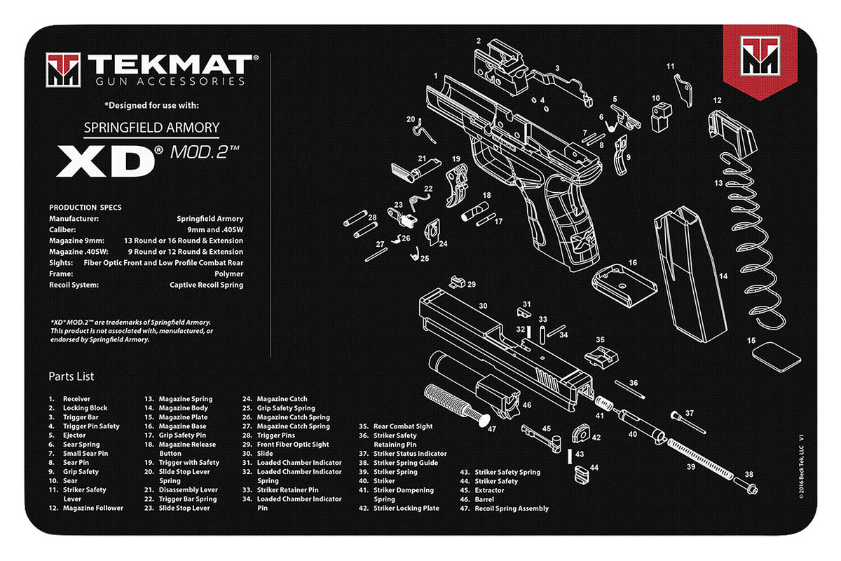 TekMat Springfield XD MOD 2 Cleaning Mat 11"x17" Rubber with Parts Diagram Black/White