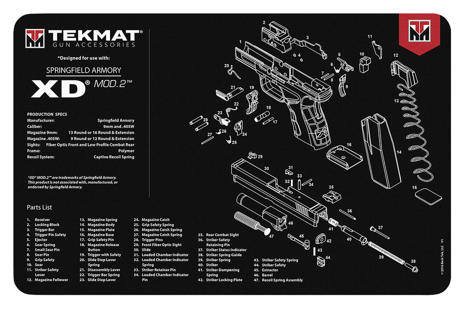 TekMat Springfield XD MOD 2 Cleaning Mat 11"x17" Rubber with Parts Diagram Black/White