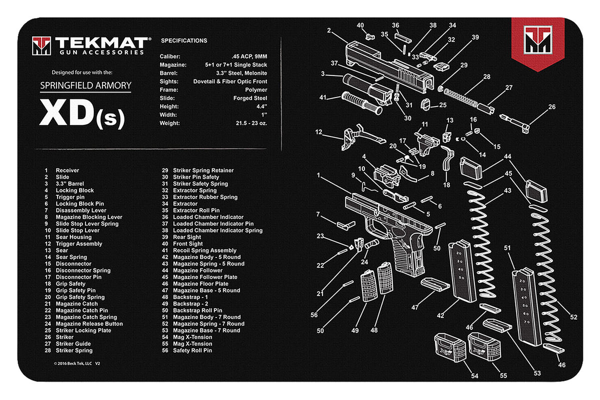 TekMat Springfield XDs Cleaning Mat 11"x17" Rubber with Parts Diagram Black/White