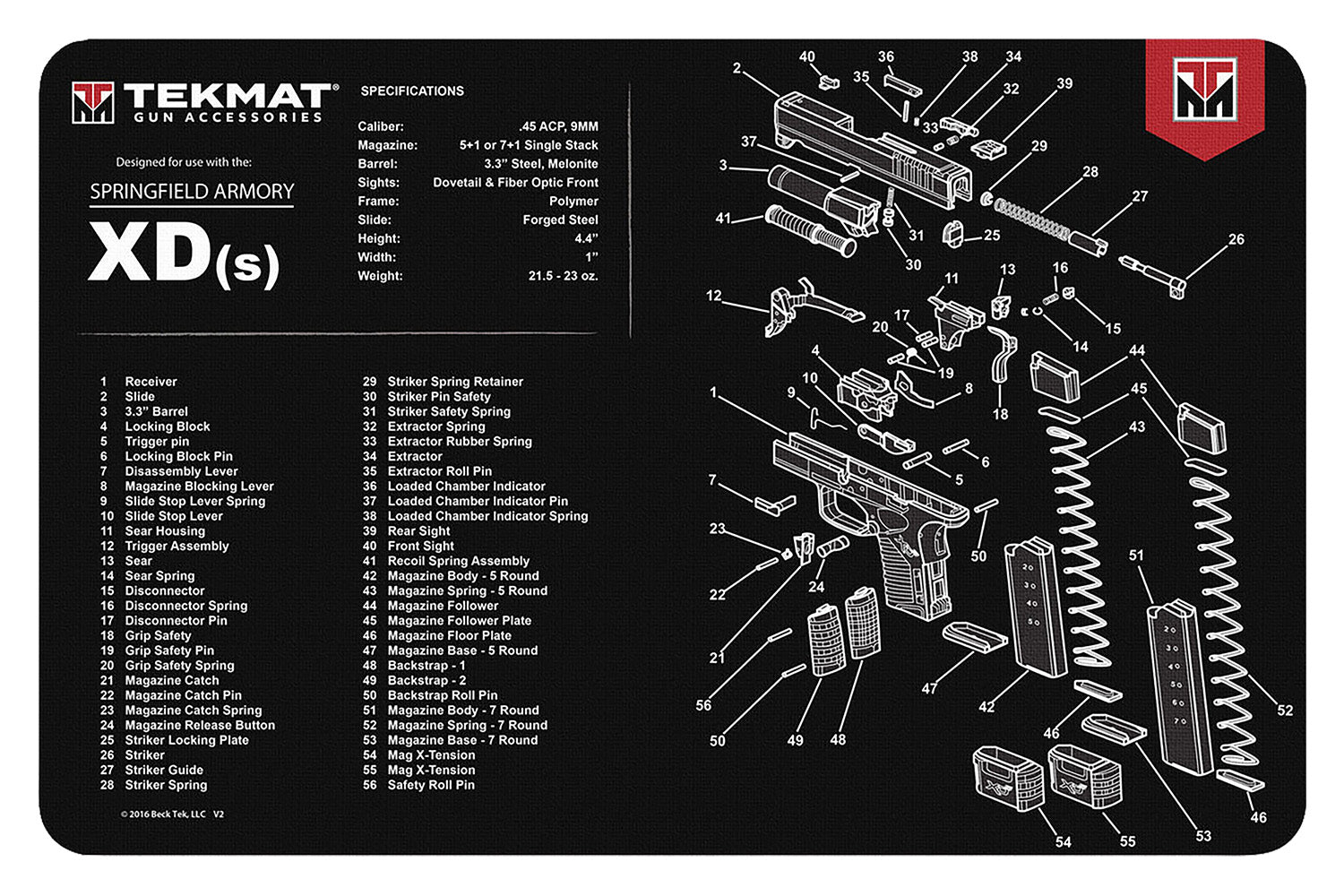 TekMat Springfield XDs Cleaning Mat 11"x17" Rubber with Parts Diagram Black/White