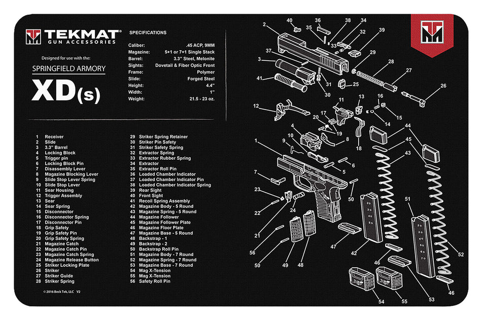TekMat Springfield XDs Cleaning Mat 11"x17" Rubber with Parts Diagram Black/White