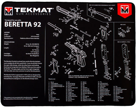 TekMat Beretta 92 Ultra 20 Cleaning Mat 15"x20" Rubber with Parts Diagram Black/White