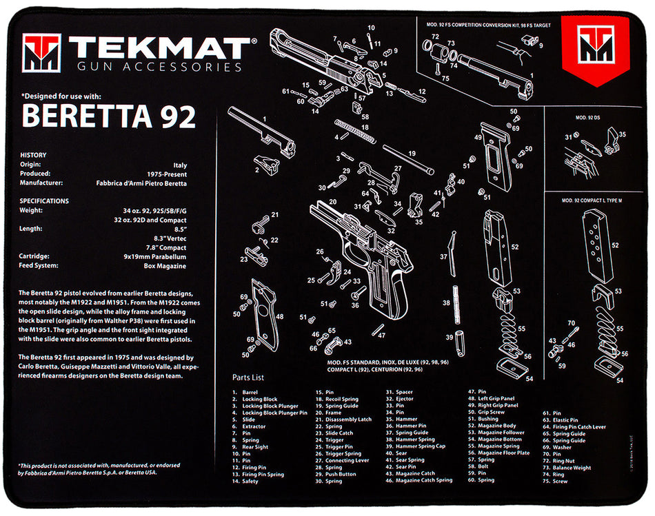 TekMat Beretta 92 Ultra 20 Cleaning Mat 15"x20" Rubber with Parts Diagram Black/White