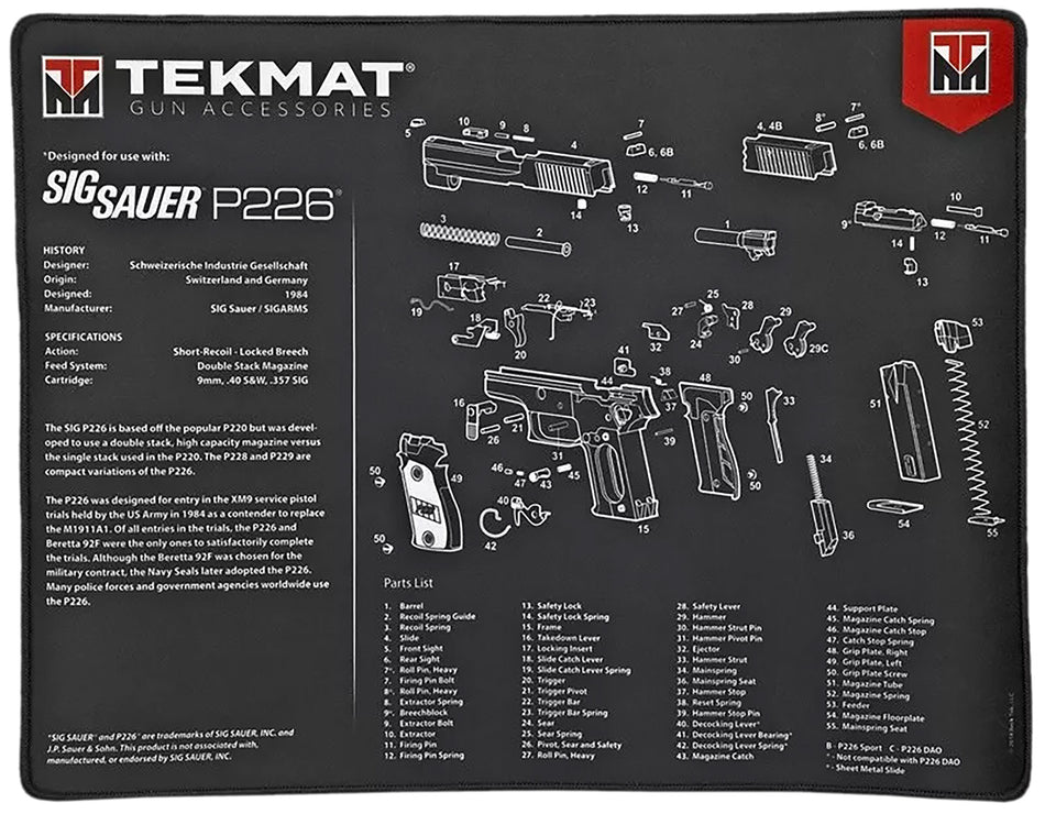 TekMat Sig Sauer P226 Ultra 20 Cleaning Mat 15"x20" Rubber with Parts Diagram Black/White
