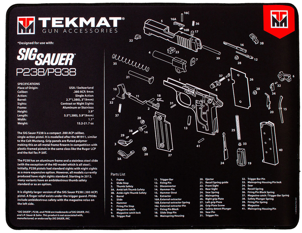 TekMat Sig Sauer P238 Ultra 20 Cleaning Mat 15"x20" Rubber with Parts Diagram Black/White