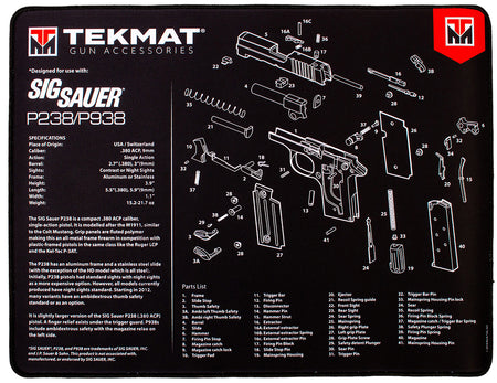 TekMat Sig Sauer P238 Ultra 20 Cleaning Mat 15"x20" Rubber with Parts Diagram Black/White