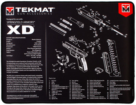 TekMat Springfield XD Ultra 20 Cleaning Mat 15"x20" Rubber with Parts Diagram Black/White