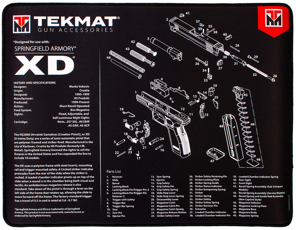 TekMat Springfield XD Ultra 20 Cleaning Mat 15"x20" Rubber with Parts Diagram Black/White