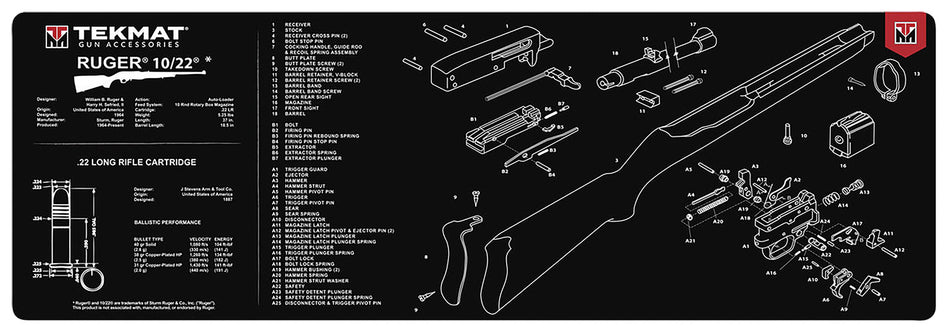 TekMat Ruger 10-22 Cleaning Mat 12"x36" Rubber with Parts Diagram Black/White
