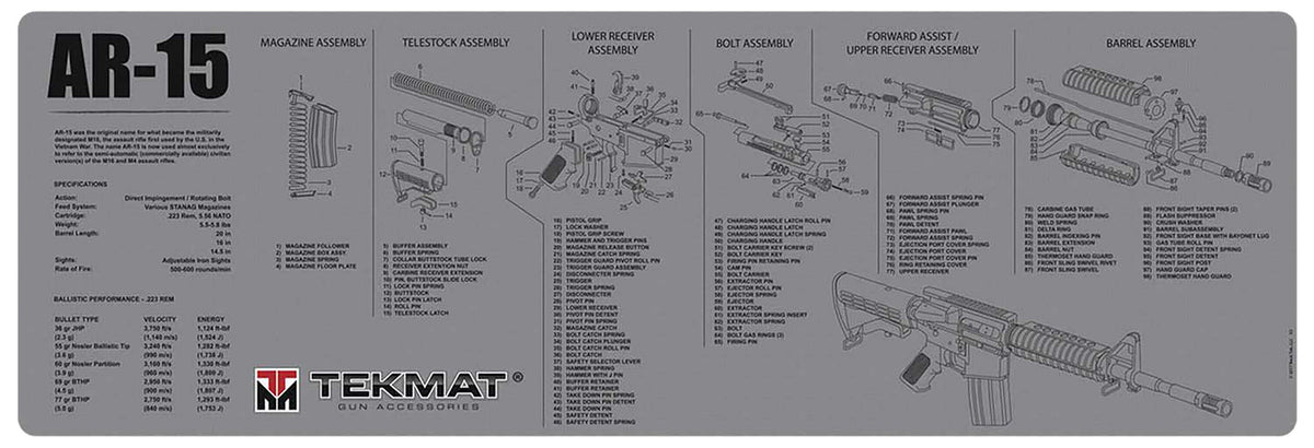 TekMat AR-15 Cleaning Mat 12"x36" Gray Rubber with Parts Diagram