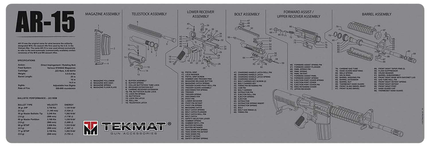 TekMat AR-15 Cleaning Mat 12"x36" Gray Rubber with Parts Diagram