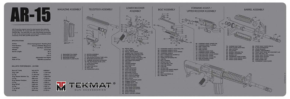 TekMat AR-15 Cleaning Mat 12"x36" Gray Rubber with Parts Diagram