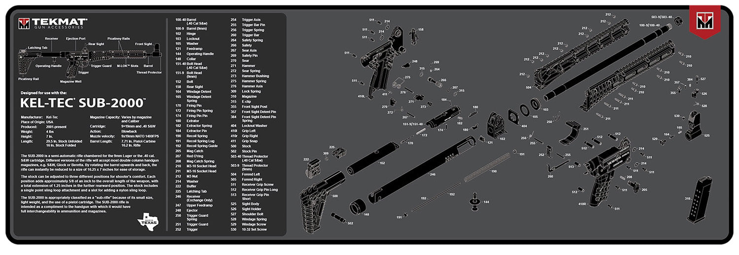 TekMat Kel-Tec SUB2000 Cleaning Mat 12"x36" Rubber with Parts Diagram Black/White