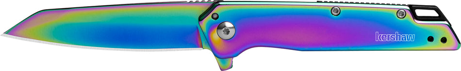 Kershaw Misdirect 1365RBW 3" Folding Reverse Tanto Plain Rainbow PVD 4Cr14 Blade, Polished Stainless Steel Handle